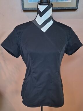 Women’s Black Scrub Top with V-Neck Wrap Detail